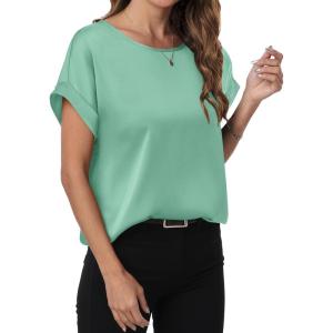 imageANRABESS Womens Summer Dressy Casual Short Sleeve Shirts Crewneck Satin 2026 Business Office Work Blouse TopsLight Green
