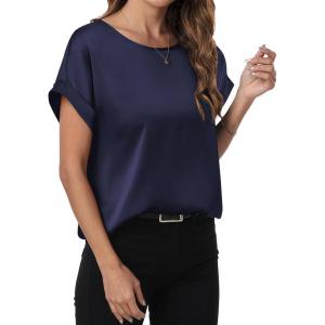 imageANRABESS Womens Summer Dressy Casual Short Sleeve Shirts Crewneck Satin 2026 Business Office Work Blouse TopsNavy Blue