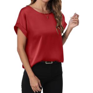 imageANRABESS Womens Summer Dressy Casual Short Sleeve Shirts Crewneck Satin 2026 Business Office Work Blouse TopsRed