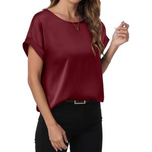 imageANRABESS Womens Summer Dressy Casual Short Sleeve Shirts Crewneck Satin 2026 Business Office Work Blouse TopsWine Red