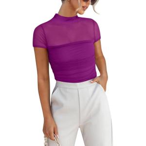 imageANRABESS Womens Summer Sexy Mock Turtle Neck Short Sleeve Tops Sheer Mesh Shirts Slim Blouse Trendy Ruched Going Out OutfitsBurgundy