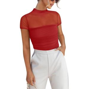 imageANRABESS Womens Summer Sexy Mock Turtle Neck Short Sleeve Tops Sheer Mesh Shirts Slim Blouse Trendy Ruched Going Out OutfitsRed