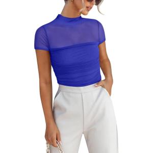 imageANRABESS Womens Summer Sexy Mock Turtle Neck Short Sleeve Tops Sheer Mesh Shirts Slim Blouse Trendy Ruched Going Out OutfitsRoyal Blue