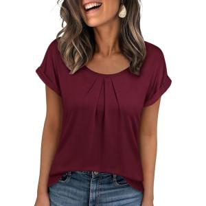 imageANRABESS Womens T Shirts Pleated Short Sleeve Tops Summer Business Casual Dressy Blouses 2026 Cute Fashion ClothesBurgundy