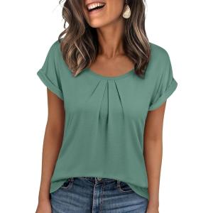 imageANRABESS Womens T Shirts Pleated Short Sleeve Tops Summer Business Casual Dressy Blouses 2026 Cute Fashion ClothesGreen