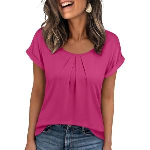 imageANRABESS Womens T Shirts Pleated Short Sleeve Tops Summer Business Casual Dressy Blouses 2026 Cute Fashion ClothesHot Pink