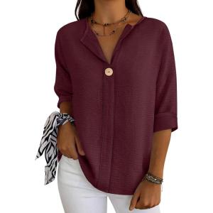 imageANRABESS Womens Tops 34 Sleeve Dressy Casual V Neck Henley Tee Shirts 2026 Summer Business Work Blouses Fashion ClothesWine Red