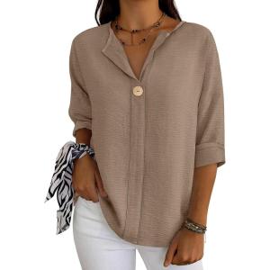 imageANRABESS Womens Tops 34 Sleeve Dressy Casual V Neck Henley Tee Shirts 2026 Summer Business Work Blouses Fashion ClothesYellow Khaki