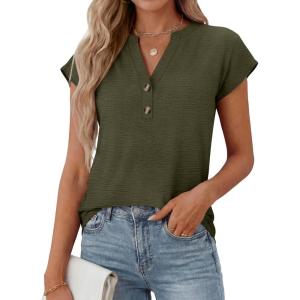 imageANRABESS Womens Tops Dressy Casual Cap Sleeve Summer Work Blouses Textured V Neck Henley Shirts 2026 Trendy Business OutfitsArmy Green