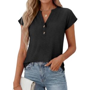 imageANRABESS Womens Tops Dressy Casual Cap Sleeve Summer Work Blouses Textured V Neck Henley Shirts 2026 Trendy Business OutfitsBlack