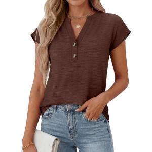 imageANRABESS Womens Tops Dressy Casual Cap Sleeve Summer Work Blouses Textured V Neck Henley Shirts 2026 Trendy Business OutfitsCoffee