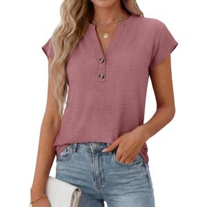 imageANRABESS Womens Tops Dressy Casual Cap Sleeve Summer Work Blouses Textured V Neck Henley Shirts 2026 Trendy Business OutfitsDusty Rose