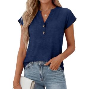 imageANRABESS Womens Tops Dressy Casual Cap Sleeve Summer Work Blouses Textured V Neck Henley Shirts 2026 Trendy Business OutfitsNavy Blue