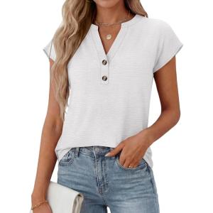 imageANRABESS Womens Tops Dressy Casual Cap Sleeve Summer Work Blouses Textured V Neck Henley Shirts 2026 Trendy Business OutfitsWhite