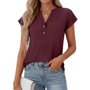 imageANRABESS Womens Tops Dressy Casual Cap Sleeve Summer Work Blouses Textured V Neck Henley Shirts 2026 Trendy Business OutfitsWine Red