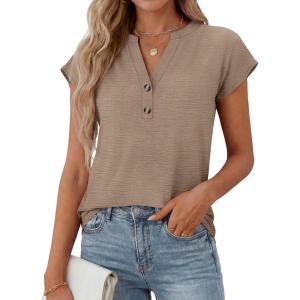 imageANRABESS Womens Tops Dressy Casual Cap Sleeve Summer Work Blouses Textured V Neck Henley Shirts 2026 Trendy Business OutfitsYellow Khaki