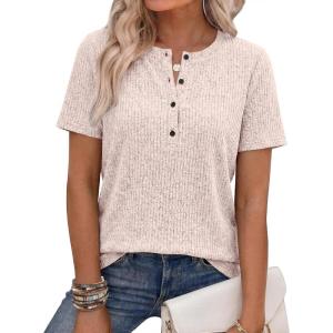 imageANRABESS Womens Tops Short Sleeve Henley Shirts Dressy Casual Blouse Summer Cute Tshirt 2026 Spring Lightweight Tunic SweaterBegie