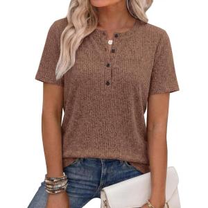 imageANRABESS Womens Tops Short Sleeve Henley Shirts Dressy Casual Blouse Summer Cute Tshirt 2026 Spring Lightweight Tunic SweaterBrown