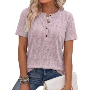 imageANRABESS Womens Tops Short Sleeve Henley Shirts Dressy Casual Blouse Summer Cute Tshirt 2026 Spring Lightweight Tunic SweaterPink