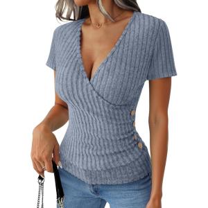 imageANRABESS Womens Tops Short Sleeve V Neck Sexy Ribbed Knit Slim Fit Lightweight Sweater 2026 Summer Dressy Casual TShirtsBlue