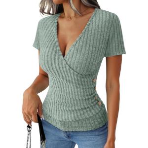 imageANRABESS Womens Tops Short Sleeve V Neck Sexy Ribbed Knit Slim Fit Lightweight Sweater 2026 Summer Dressy Casual TShirtsLight Green