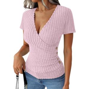 imageANRABESS Womens Tops Short Sleeve V Neck Sexy Ribbed Knit Slim Fit Lightweight Sweater 2026 Summer Dressy Casual TShirtsPink
