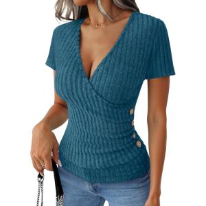 imageANRABESS Womens Tops Short Sleeve V Neck Sexy Ribbed Knit Slim Fit Lightweight Sweater 2026 Summer Dressy Casual TShirtsTeal