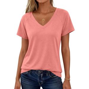 imageANRABESS Womens Tops Short Sleeve V Neck Shirts Summer Basic Tee Trendy Cute Tshirts 2026 Spring Casual OutfitsCoral