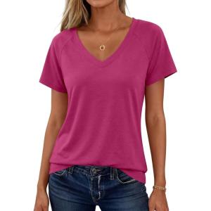 imageANRABESS Womens Tops Short Sleeve V Neck Shirts Summer Basic Tee Trendy Cute Tshirts 2026 Spring Casual OutfitsHot Pink