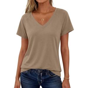 imageANRABESS Womens Tops Short Sleeve V Neck Shirts Summer Basic Tee Trendy Cute Tshirts 2026 Spring Casual OutfitsLight Khaki