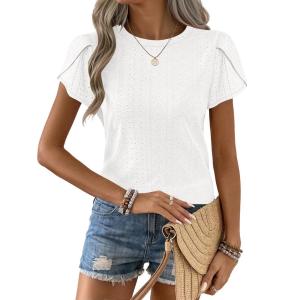 imageANRABESS Womens Tops Summer Eyelet Petal Short Sleeve T Shirts Dressy Casual Blouses Ladies Basic Tees 2026 Spring ClothesWhite