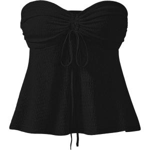 imageANRABESS Womens Tube Top Summer Strapless Tie Front Ruched Peplum Flared Hem Cute Bandeau Halter Tops 2026 Vacation OutfitsBlack