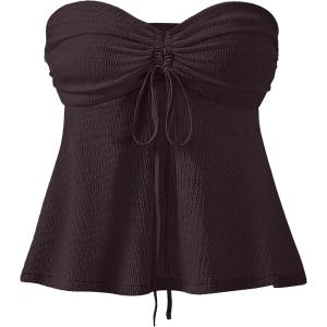 imageANRABESS Womens Tube Top Summer Strapless Tie Front Ruched Peplum Flared Hem Cute Bandeau Halter Tops 2026 Vacation OutfitsCoffee