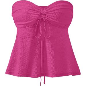 imageANRABESS Womens Tube Top Summer Strapless Tie Front Ruched Peplum Flared Hem Cute Bandeau Halter Tops 2026 Vacation OutfitsHot Pink