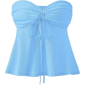 imageANRABESS Womens Tube Top Summer Strapless Tie Front Ruched Peplum Flared Hem Cute Bandeau Halter Tops 2026 Vacation OutfitsLight Blue