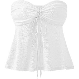 imageANRABESS Womens Tube Top Summer Strapless Tie Front Ruched Peplum Flared Hem Cute Bandeau Halter Tops 2026 Vacation OutfitsWhite