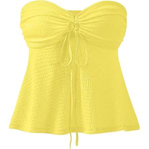 imageANRABESS Womens Tube Top Summer Strapless Tie Front Ruched Peplum Flared Hem Cute Bandeau Halter Tops 2026 Vacation OutfitsYellow
