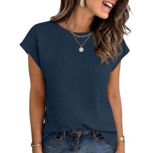 imageANRABESS Womens Waffle Knit Cap Sleeve T Shirts Summer Casual Tops Basic Tee Work Blouses 2026 Spring Vacation ClothesNavy Blue