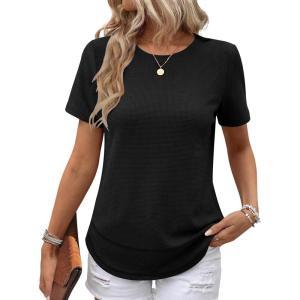 imageANRABESS Womens Waffle Knit Tops Short Sleeve Crewneck Shirts Curved Hem Summer Dressy Casual Blouses Spring Fashion ClothingBlack