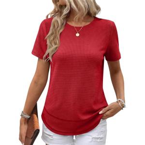 imageANRABESS Womens Waffle Knit Tops Short Sleeve Crewneck Shirts Curved Hem Summer Dressy Casual Blouses Spring Fashion ClothingBright Red