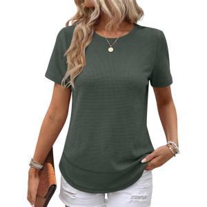 imageANRABESS Womens Waffle Knit Tops Short Sleeve Crewneck Shirts Curved Hem Summer Dressy Casual Blouses Spring Fashion ClothingDeep Army Green