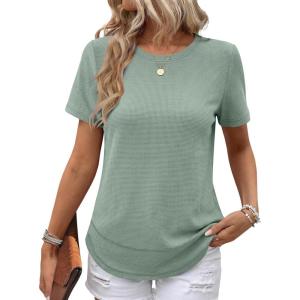 imageANRABESS Womens Waffle Knit Tops Short Sleeve Crewneck Shirts Curved Hem Summer Dressy Casual Blouses Spring Fashion ClothingLight Green