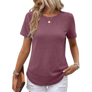 imageANRABESS Womens Waffle Knit Tops Short Sleeve Crewneck Shirts Curved Hem Summer Dressy Casual Blouses Spring Fashion ClothingMauve