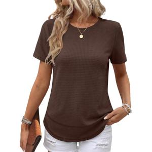 imageANRABESS Womens Waffle Knit Tops Short Sleeve Crewneck Shirts Curved Hem Summer Dressy Casual Blouses Spring Fashion ClothingRed Brown