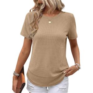 imageANRABESS Womens Waffle Knit Tops Short Sleeve Crewneck Shirts Curved Hem Summer Dressy Casual Blouses Spring Fashion ClothingTan