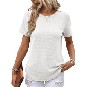 imageANRABESS Womens Waffle Knit Tops Short Sleeve Crewneck Shirts Curved Hem Summer Dressy Casual Blouses Spring Fashion ClothingWhite