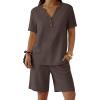 imageANRABESS Women 2 Piece Linen Lounge Sets Summer Casual Henley Shirts Short Pajama Set Beach Vacation Clothes Airport OutfitsBrown