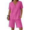 imageANRABESS Women 2 Piece Linen Lounge Sets Summer Casual Henley Shirts Short Pajama Set Beach Vacation Clothes Airport OutfitsHot Pink