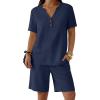 imageANRABESS Women 2 Piece Linen Lounge Sets Summer Casual Henley Shirts Short Pajama Set Beach Vacation Clothes Airport OutfitsNavy Blue