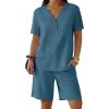 imageANRABESS Women 2 Piece Linen Lounge Sets Summer Casual Henley Shirts Short Pajama Set Beach Vacation Clothes Airport OutfitsTeal Blue